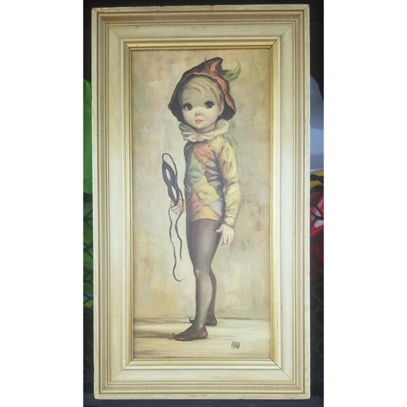 Vintage 1960s Jean Maio Harlequin Boy Big Eyes Framed Print 18"x10" Mid Century - Picture 1 of 4